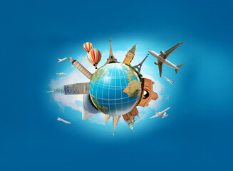 Obraz premium A vibrant globe encircled by iconic landmarks, hot air balloons, and airplanes symbolizes global travel and adventure. The image evokes wanderlust and a sense of exploration.