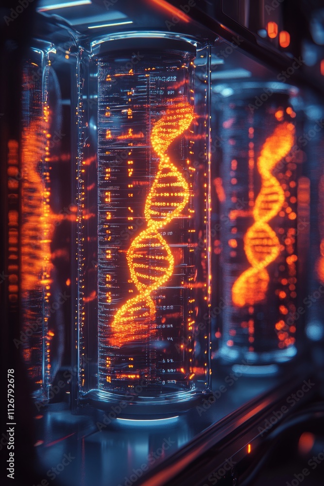 Poster brightly glowing dna structures are displayed within transparent cylindrical containers, showcasing 