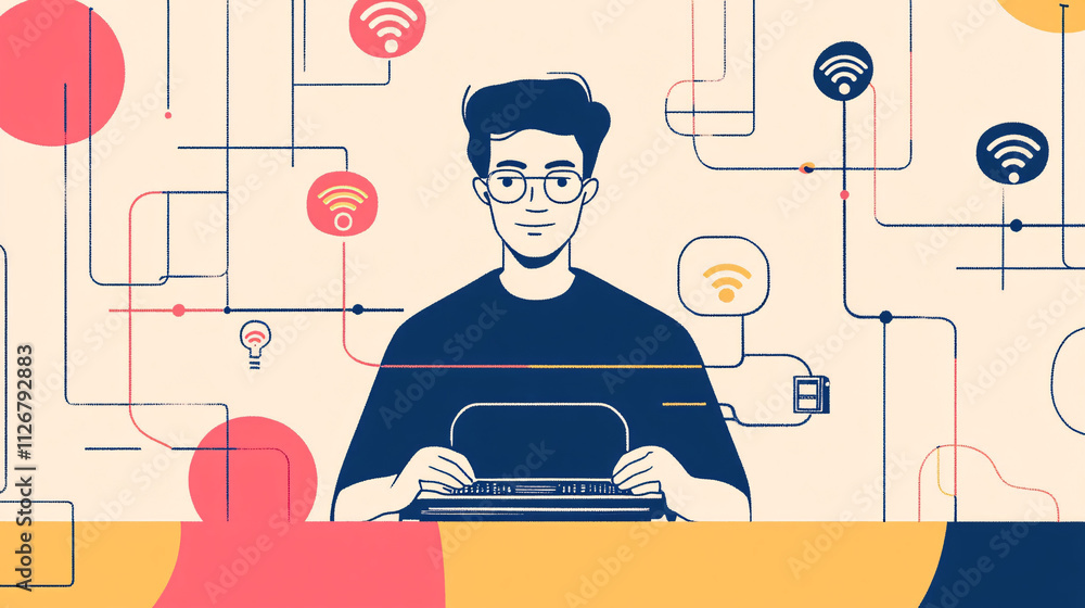 Poster a minimalist design of a man wearing glasses, adjusting a router, surrounded by network lines and fl