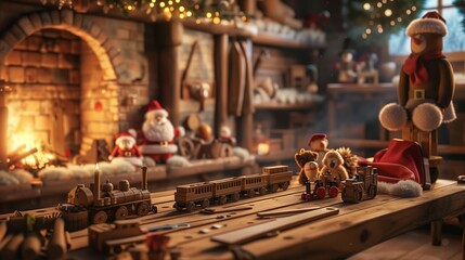A close-up of Santa's workshop, with wooden toy trains and stuffed animals neatly arranged on a workbench, and a cozy fireplace glowing in the background