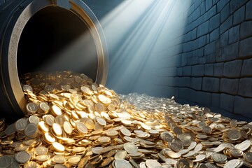 A massive vault overflowing with gold coins, in the style of fantasy art