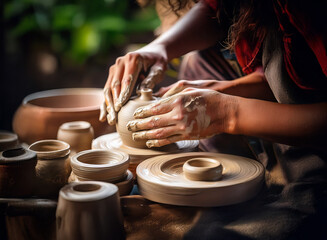 Fototapeta premium Close-up view of hands shaping clay on a pottery wheel, surrounded by other unfired ceramic pieces. The scene evokes a feeling of traditional craftsmanship and artistry.