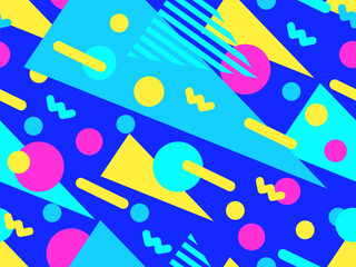 Geometric seamless pattern with memphis elements in 80s style. Colorful geometric pattern. Design of promotional products, wrapping paper and printing. Vector illustration