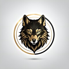 Wolf head surrounded by black and gold circle.