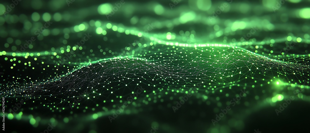 Poster An abstract web of interconnected nodes, glowing with vibrant energy, symbolizing digital communication and data exchange in a futuristic technological space