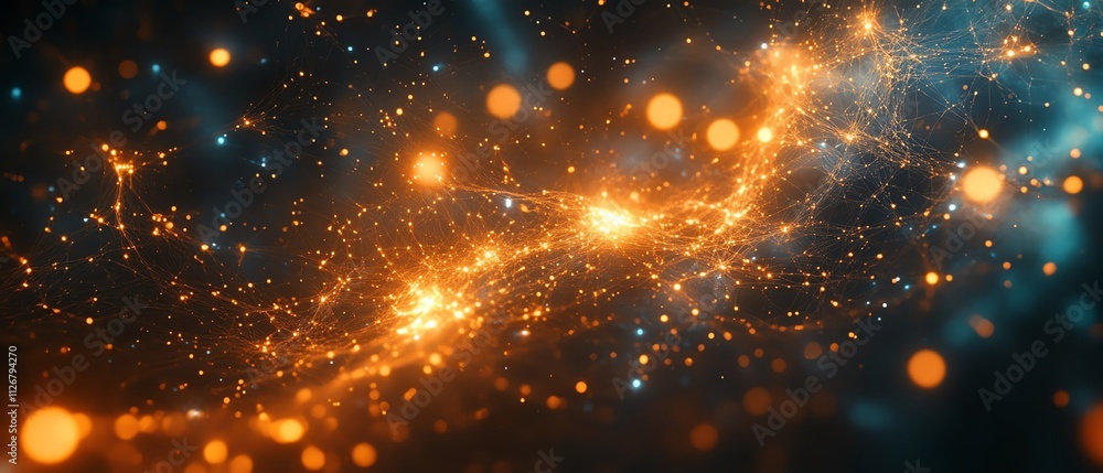 Poster An abstract web of interconnected nodes, glowing with vibrant energy, symbolizing digital communication and data exchange in a futuristic technological space