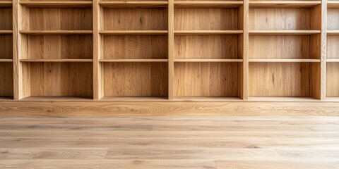 The handmade woodwork. Empty wooden shelves on a minimalist floor background.