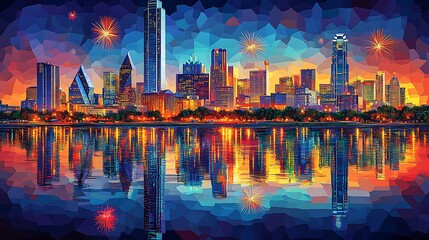 Dallas Skyline Fireworks Night Reflection Cityscape