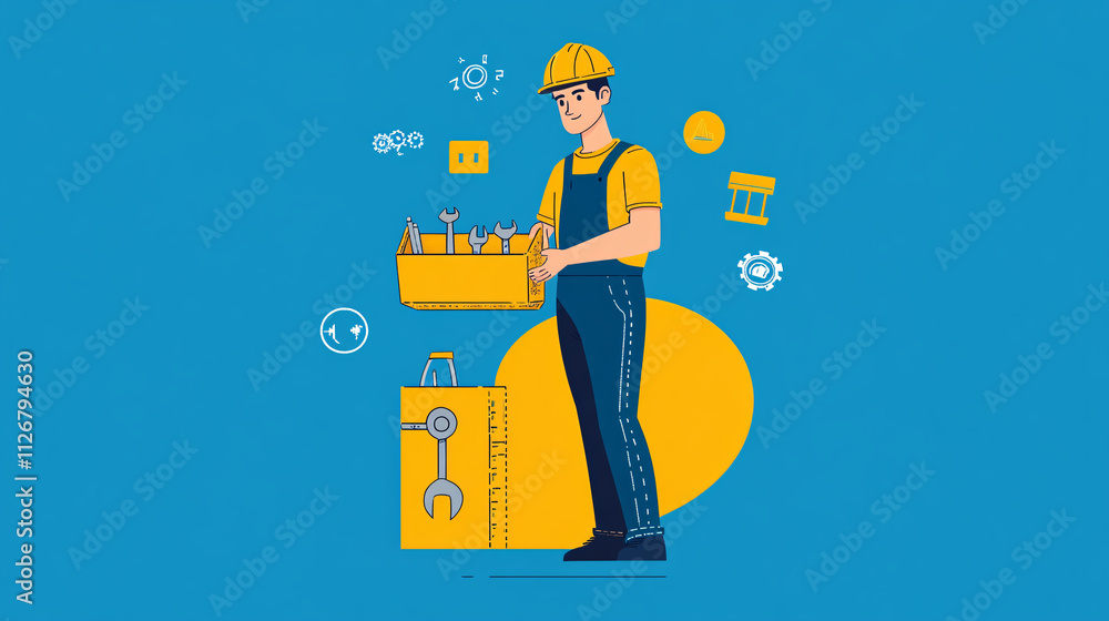 Poster a minimalist illustration of an it guy holding an open toolbox, with minimal floating icons symboliz