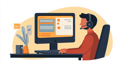 A minimalist flat vector of an IT support technician with a headset, next to a large monitor, in a clean tech UI environment. 