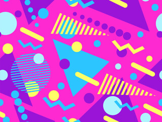 Geometric seamless pattern with memphis elements in 80s style. Colorful geometric pattern. Design of promotional products, wrapping paper and printing. Vector illustration
