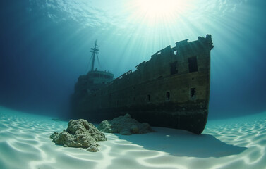 Underwater scene featuring a sunken ship