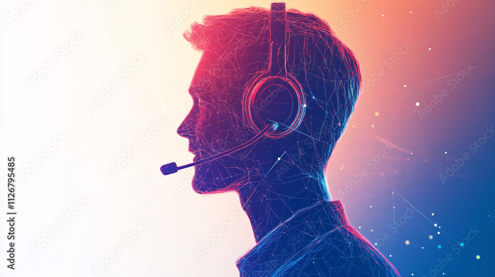 Poster a minimalist it support man icon, wearing a headset, with a clean background and subtle lines repres