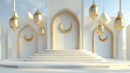 Fototapeta premium Elegant Islamic Architecture Ramadan Design with Golden Lanterns and Crescent Moons