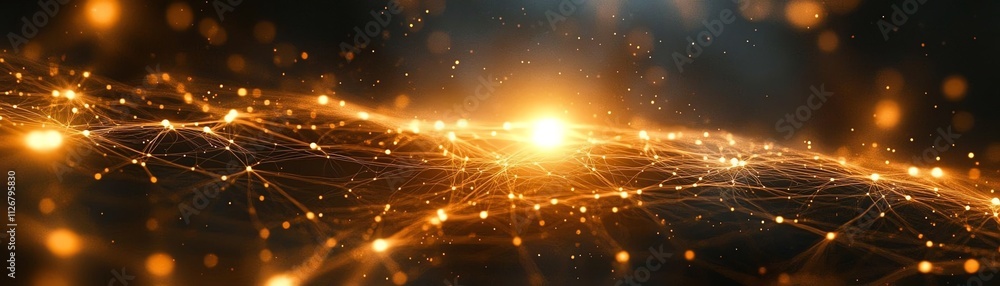 Poster A complex, abstract network of luminous nodes connected by bright lines, symbolizing digital data exchange and neural networks in a futuristic, techinspired environment