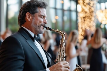 An elegant saxophonist captivates the wedding guests with a stunning performance, creating a magical atmosphere filled with rhythm, love, and joyful celebration.