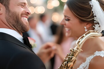 An engaged couple share a joyful moment while a saxophonist plays, capturing the essence of love and celebration during a beautifully romantic event.