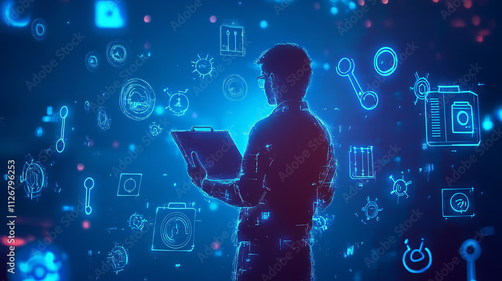 Poster a minimalistic figure of an it man holding a glowing clipboard, surrounded by settings and wrench ic