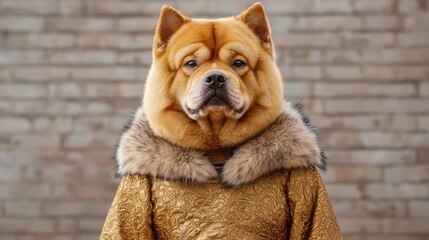 Fancy dress for fashionable pet dog concept. Chow Chow dog in a stylish golden outfit against a brick wall