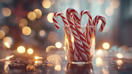 A collection of striped red and white candy canes neatly arranged in a festive glass jar, surrounded by soft, warm holiday lights