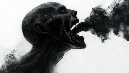 Fototapeta premium Dark abstract smoky figure screaming black vapor emerging in a surreal emotional representation