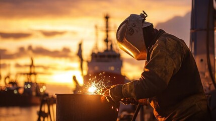 A welder at a shipyard