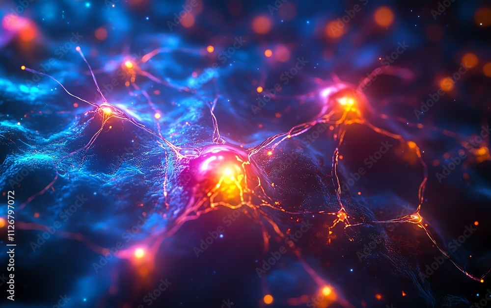 Aufkleber A dynamic web of interconnected nodes, representing neural networks and digital communication, glowing with neon hues in a hightech, futuristic setting