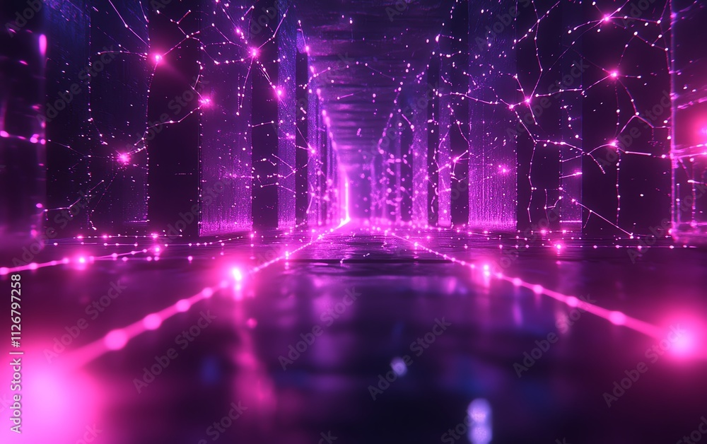 Poster a dynamic web of interconnected nodes, representing neural networks and digital communication, glowi