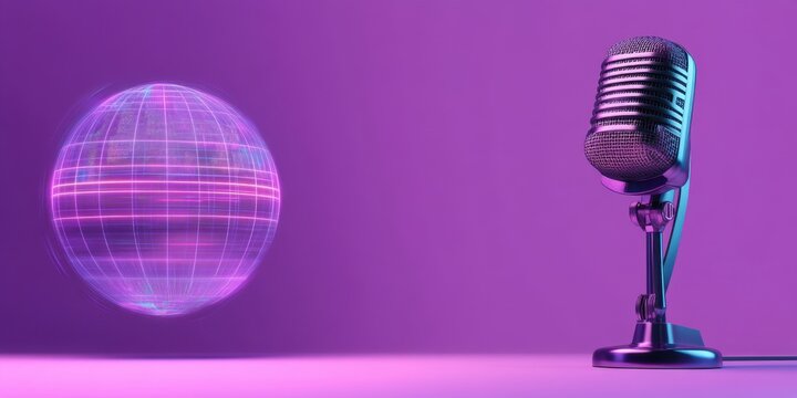 Global Communication Broadcasting Retro Microphone and Digital Globe  Neon Purple Studio Shot