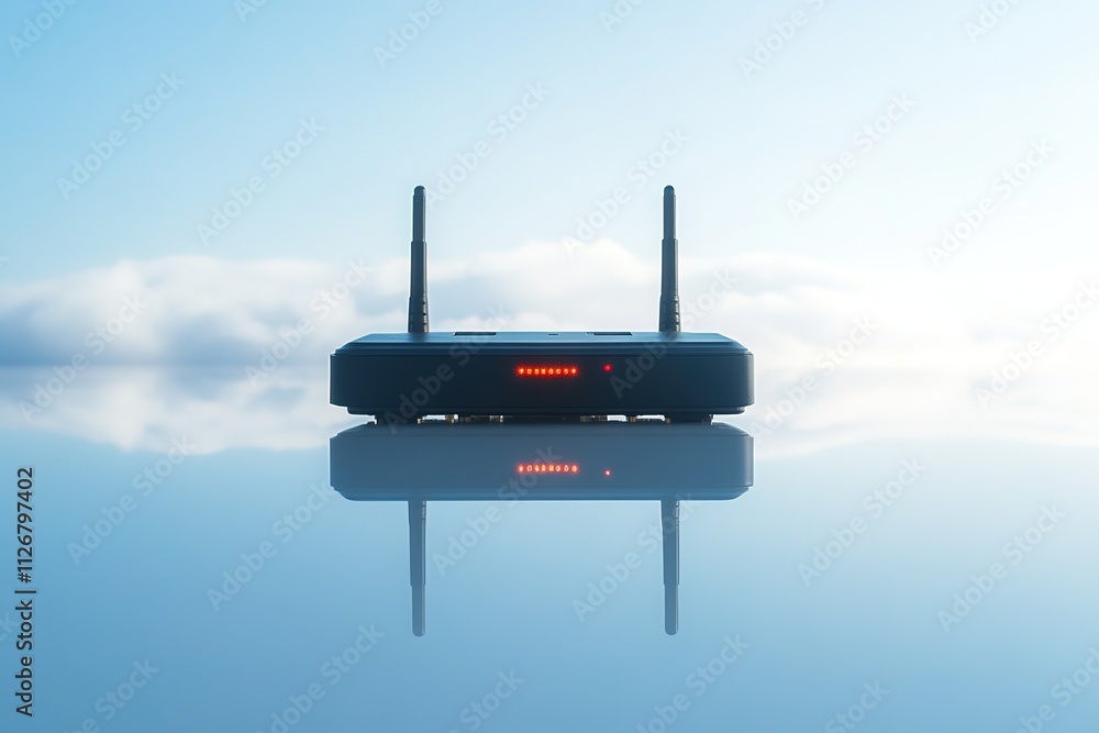 Poster clean flat lay of router with blinking lights placed on smooth reflective surface under bright natur