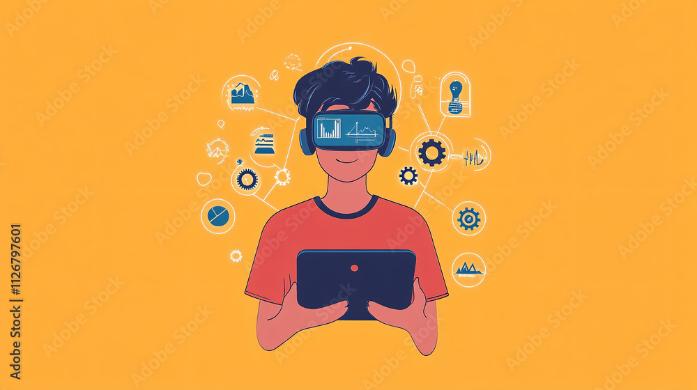 Poster a simple avatar of a man with a headset, holding a tablet, surrounded by small floating gear and dat