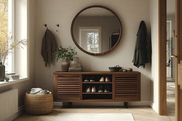 A hallway with a wooden shoe rack and a mirror