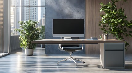 Fototapeta premium Modern Office Workspace With Computer Plants And Desk