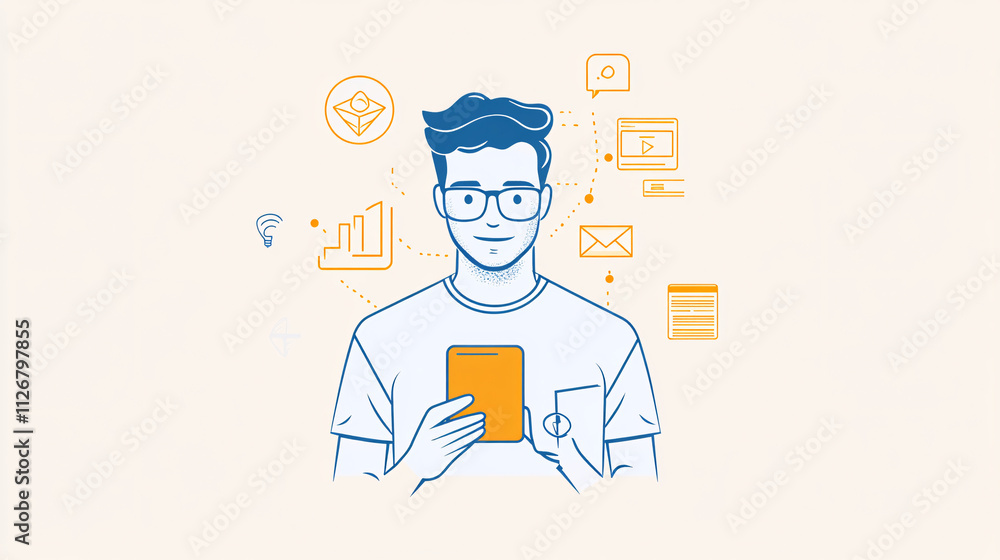 Poster a simple avatar of a man with glasses, holding a smartphone, with clean lines and a few floating tec
