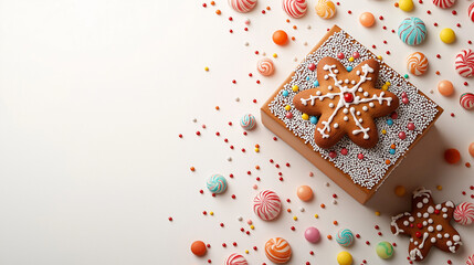 Decorative gingerbread gift box with snowflake-shaped cookies and colorful candies