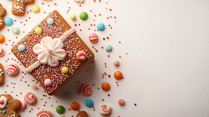 Elegant gingerbread gift box with floral icing decorations and colorful candies