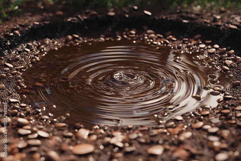 Poster a close-up of a water pool with ripples surrounded by soil and small pebbles.