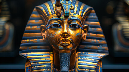 Face musk of pharaoh mummy exhibited in museum, Egyptian art of 16th-17th dynasties