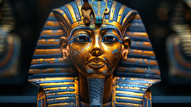 Face musk of pharaoh mummy exhibited in museum, Egyptian art of 16th-17th dynasties