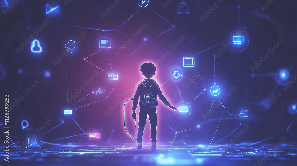 Poster a simple character holding a usb cable, with glowing tech icons around representing connectivity and
