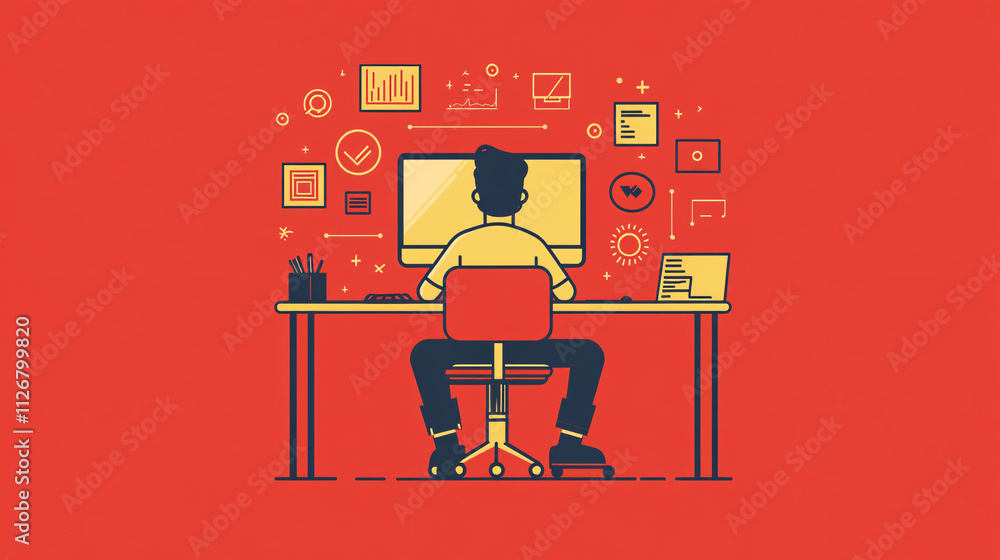 Poster a simple, clean illustration of an it man at a desk with a desktop computer, surrounded by minimalis