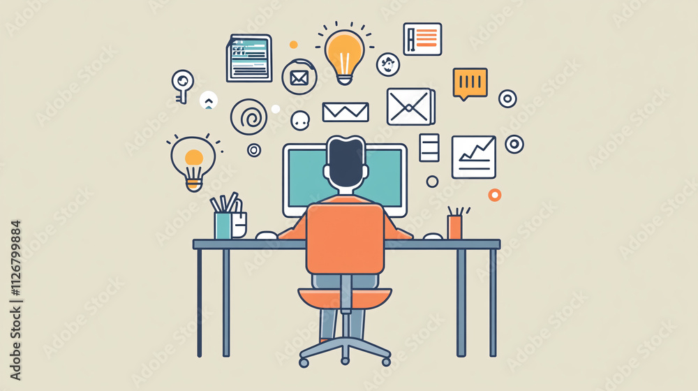 Poster a simple, clean illustration of an it man at a desk with a desktop computer, surrounded by minimalis