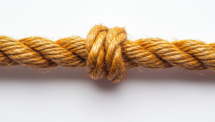 Intricate knot tied in sturdy brown rope. A close-up of a securely tied knot in thick brown rope, showcasing its texture and durability in detail.