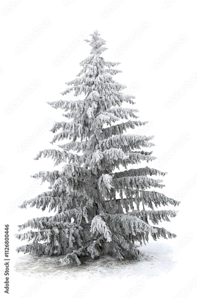 Wall mural spruce tree covered snow and hoarfrost on a white background with space for text