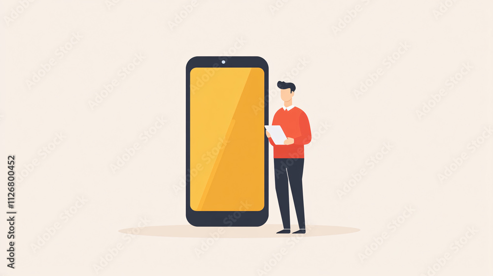 Poster a simple geometric figure of an it support agent standing next to a giant smartphone, representing m