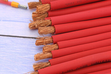 Copper electrical installation wires in colored insulation. Close-up. Soft focus.