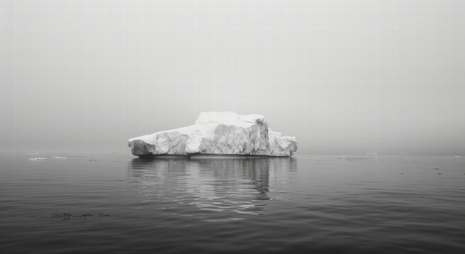 A black and white ceberg floating in the ocean, with most of its mass below water and only a small part above it showing as an ice floe. 