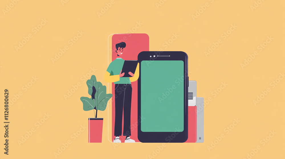 Poster a simple geometric figure of an it support agent standing next to a giant smartphone, representing m
