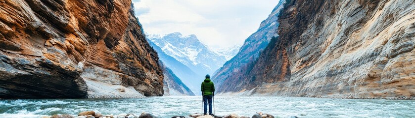 Obraz premium A lone figure stands at the edge of a river, surrounded by towering cliffs and majestic mountains under a cloudy sky.