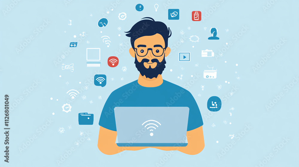 Poster a simple it man character holding a laptop, surrounded by small digital icons like wi-fi and setting